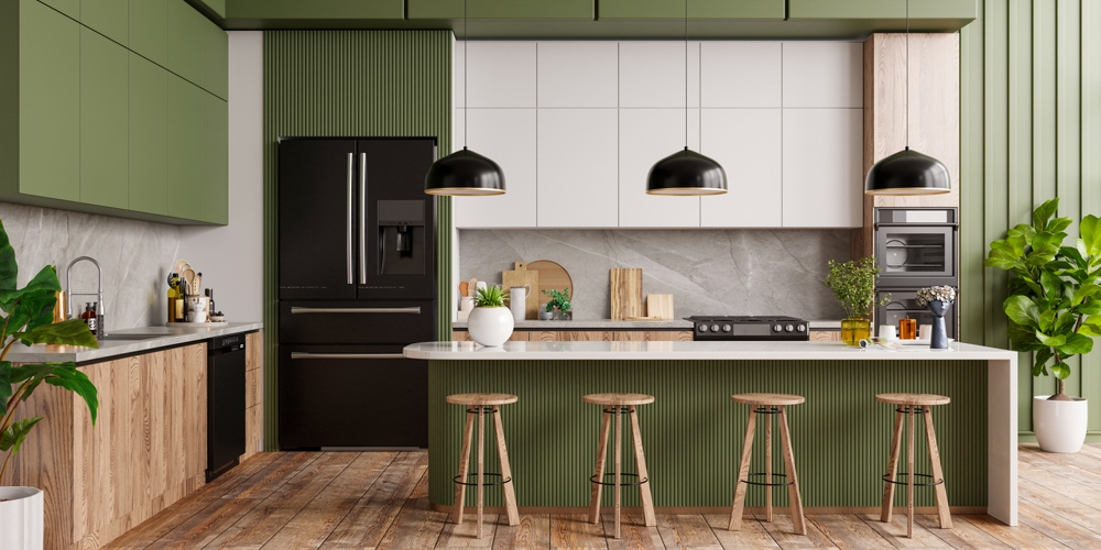 Modern kitchen with a kitchen island, stools, and green cabinets- 3D rendering
