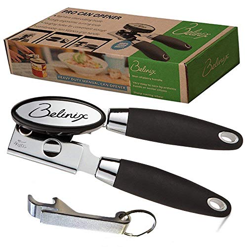 Belinix Stainless Steel Best Manual Can Opener Professional Heavy Duty Ergonomic Anti Slip Soft Grips Handle.Big Knob For Easy Turn Open Cans And Tins With No Effort.Safety Smooth Edge No Sharp Cuts.