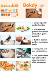 Bokdy Garlic Press and Peeler Set Stainless Steel Professional Heavy Soft-Handled Crush Garlic Silicone Tube Roller