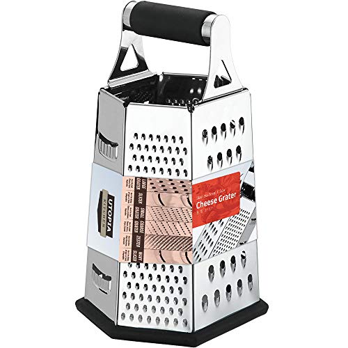 Cheese Grater Vegetable Slicer Stainless Steel – 6 sides , 9.5 Inch Height, Rubber Handle, Non Slip Rubber Bottom by Utopia Kitchen