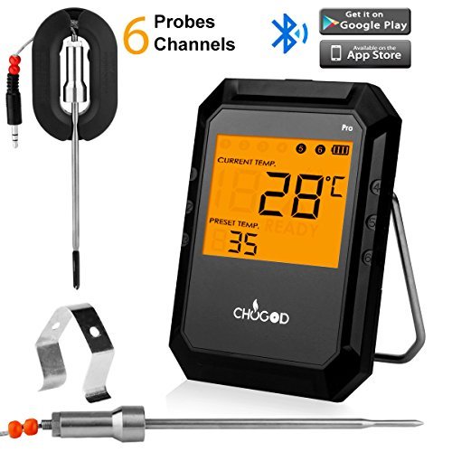 Meat Thermometer, Bluetooth Digital Cooking Thermometer WEINAS 6 Probe Ports Alarm Monitor BBQ Grill Thermometer, IMPROVED Stainless Steel Probes Wireless Thermometer for Food Smoker Oven Kitchen