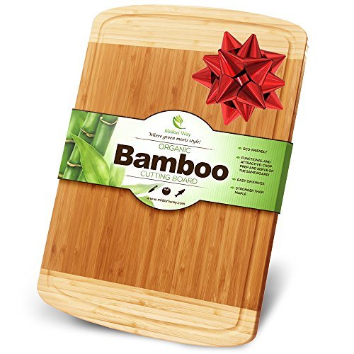 Midori Way Thick Bamboo Wood Cutting Board with Juice Grooves – Extra Large (18×12  Inch)