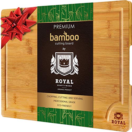 ROYAL CRAFT WOOD Organic Bamboo Cutting Board with Juice Groove, Best Kitchen Chopping Board for Meat (Butcher Block), Cheese and Vegetables | EXTRA LARGE & THICK | Antibacterial Heavy Duty w/ Handles