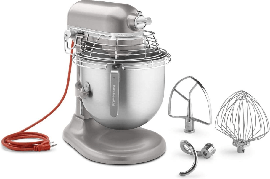 A KitchenAid commercial bowl-lift stand mixer in the color nickel pearl